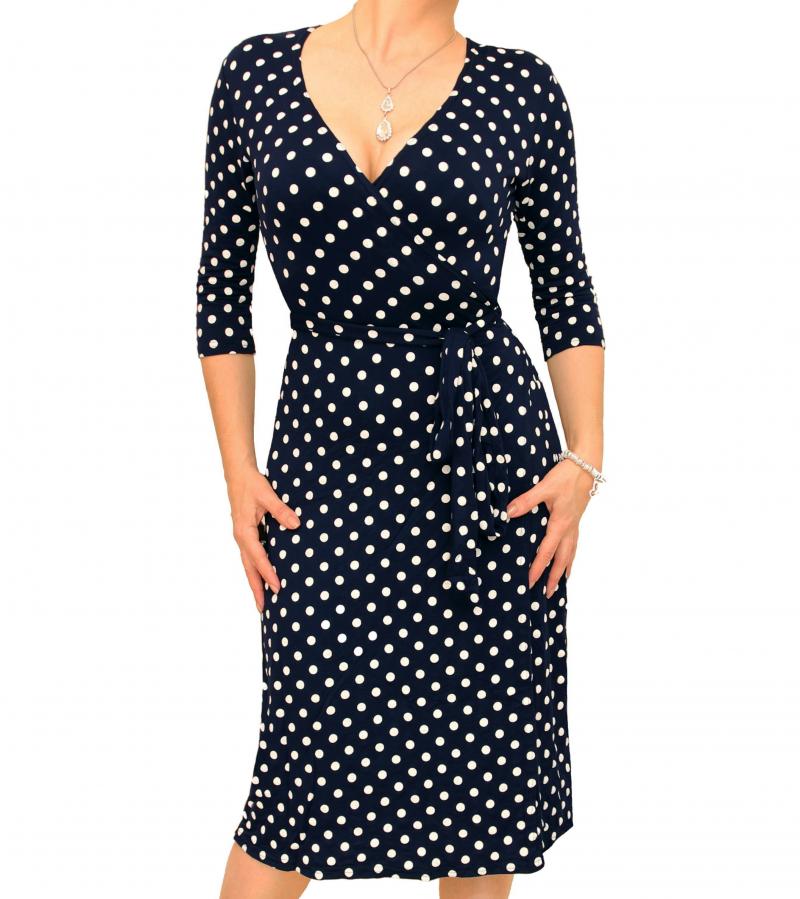 Navy Blue and Ivory Spotted Wrap Dress