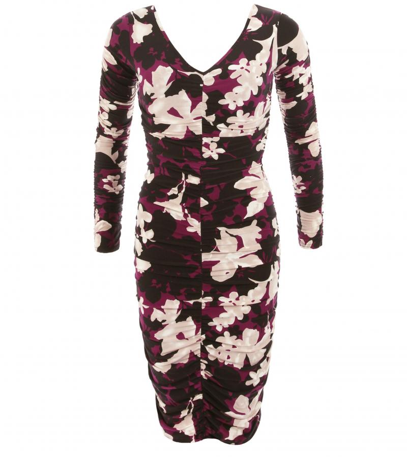 Floral Lace-Trim Ruched Dress