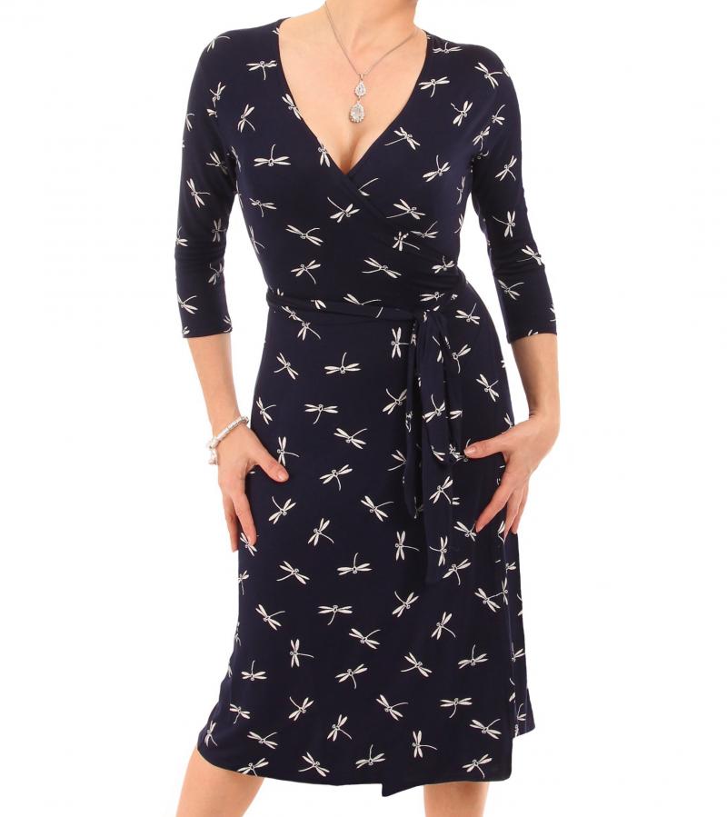 Navy Blue Dragonfly Print Wrap Dress