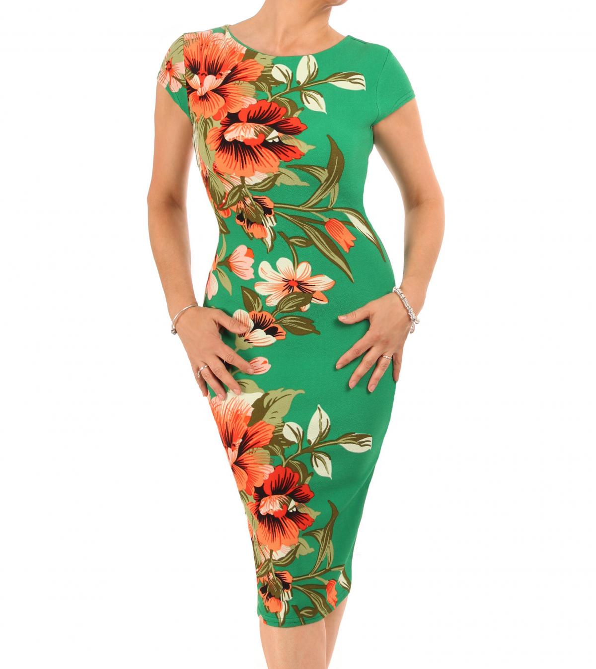 Jade Green and Orange Floral Pencil Dress