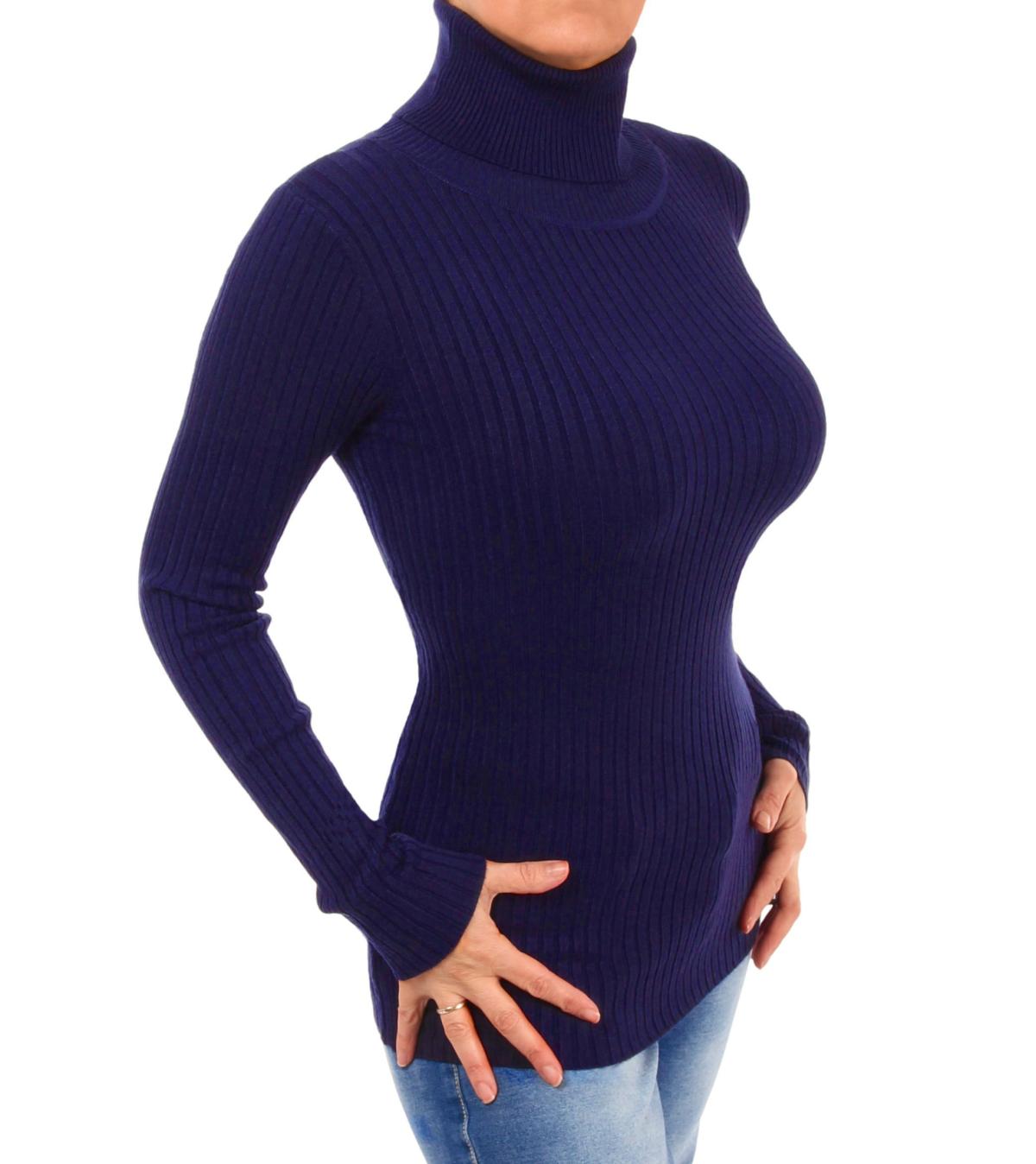 Navy Blue Ribbed Polo Neck Clingy Jumper