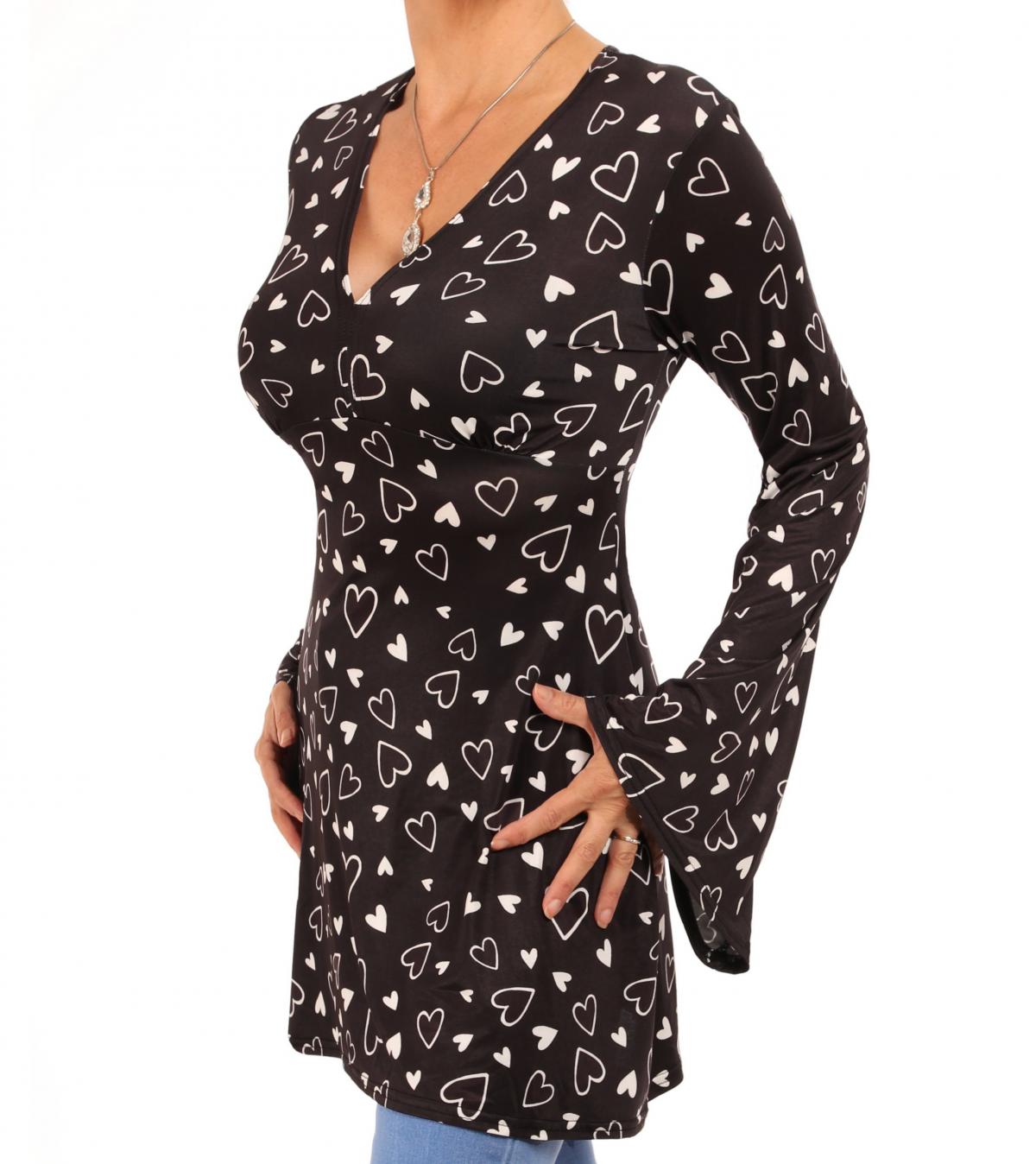 Black Heart Print Bell Sleeve Tunic Top