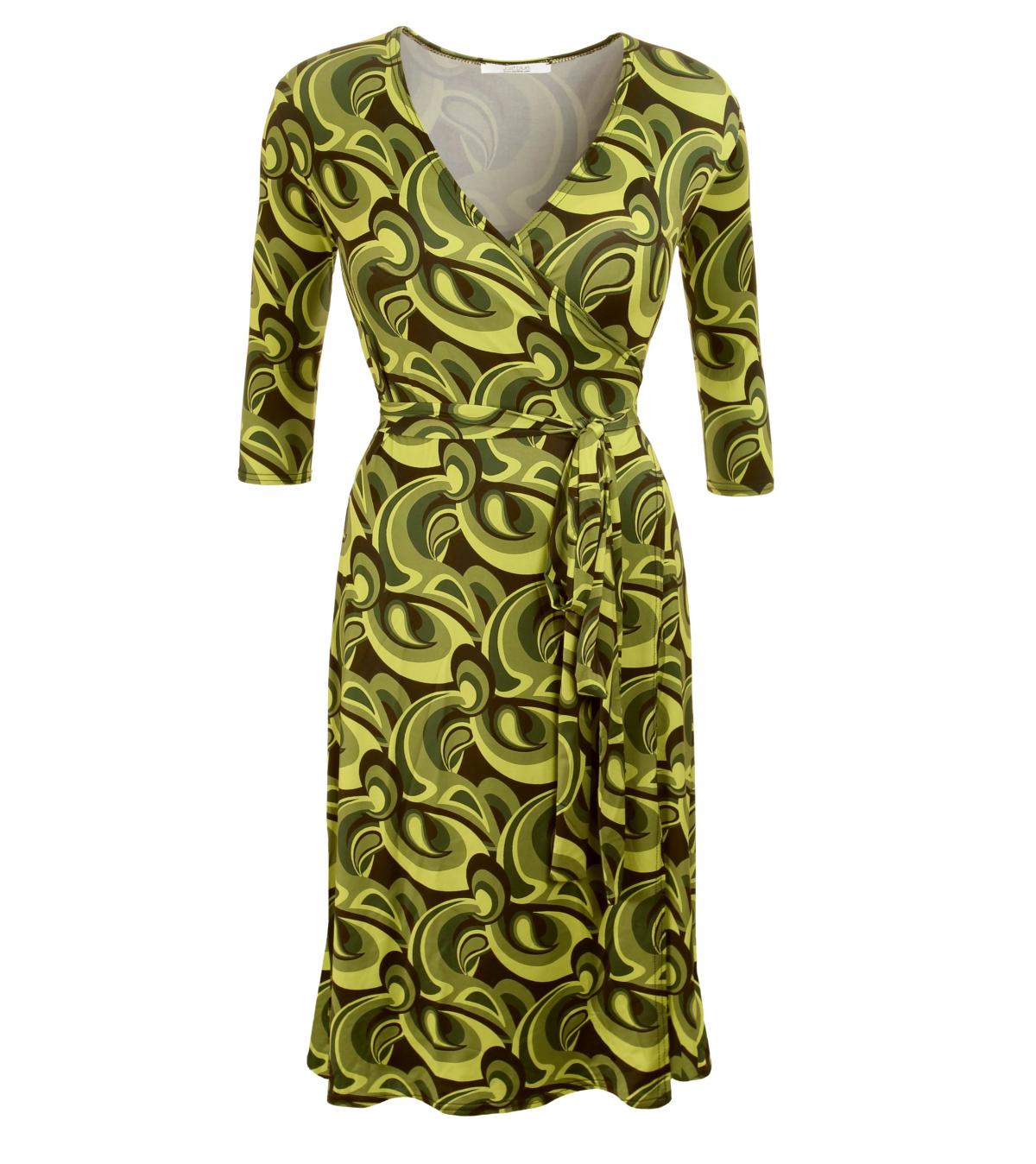 Green Retro Print Wrap Dress