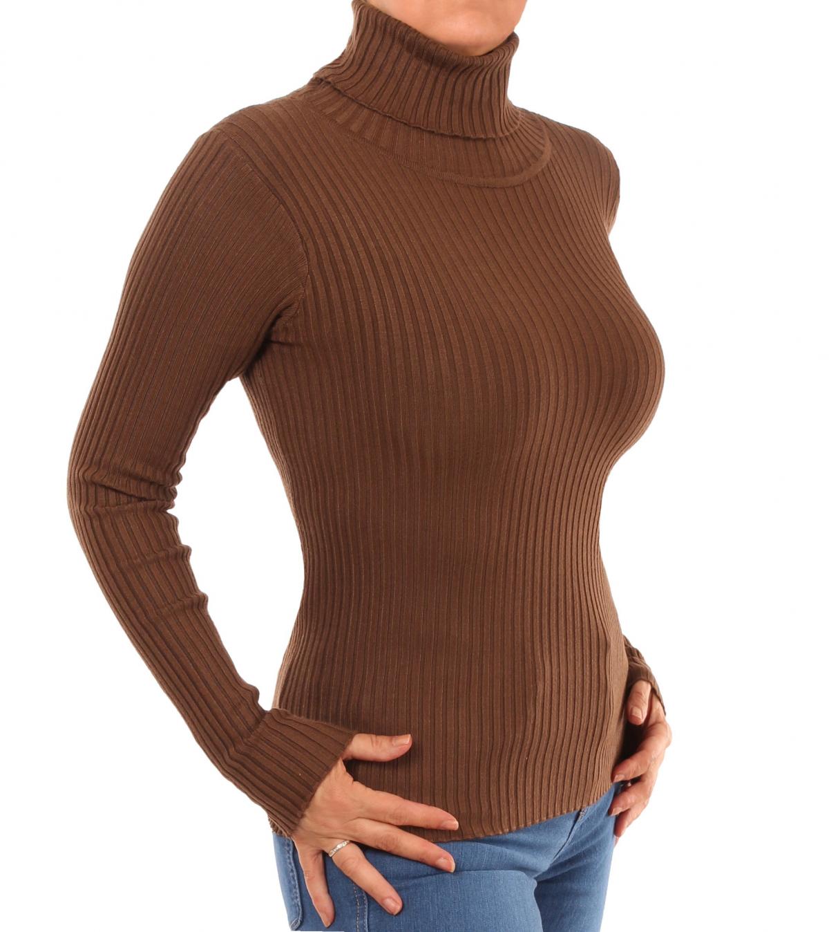 Brown Ribbed Polo Neck Clingy Jumper