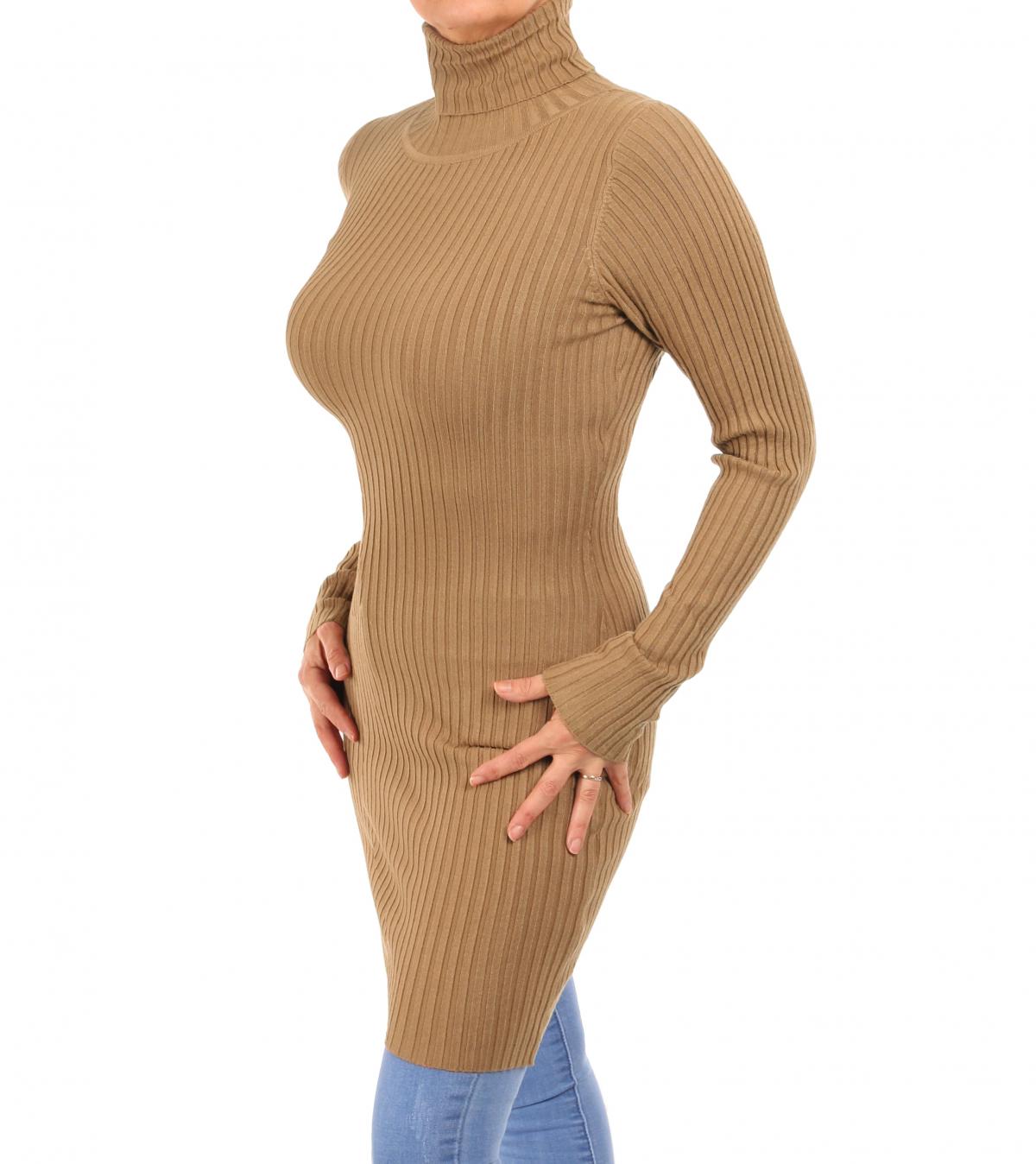 Camel Ribbed Polo Neck Long Jumper