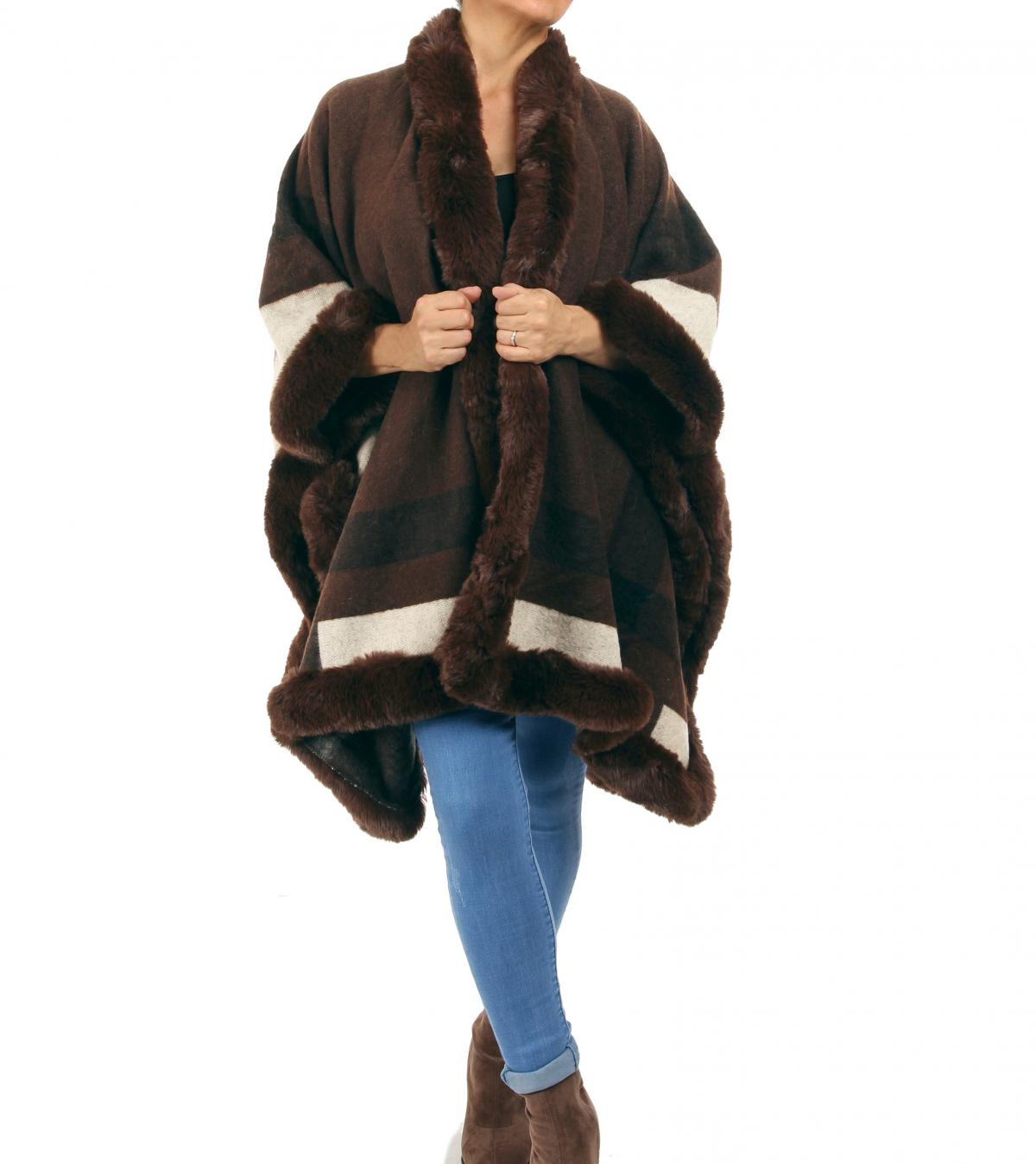 Chocolate Brown Faux Fur Trim Cape