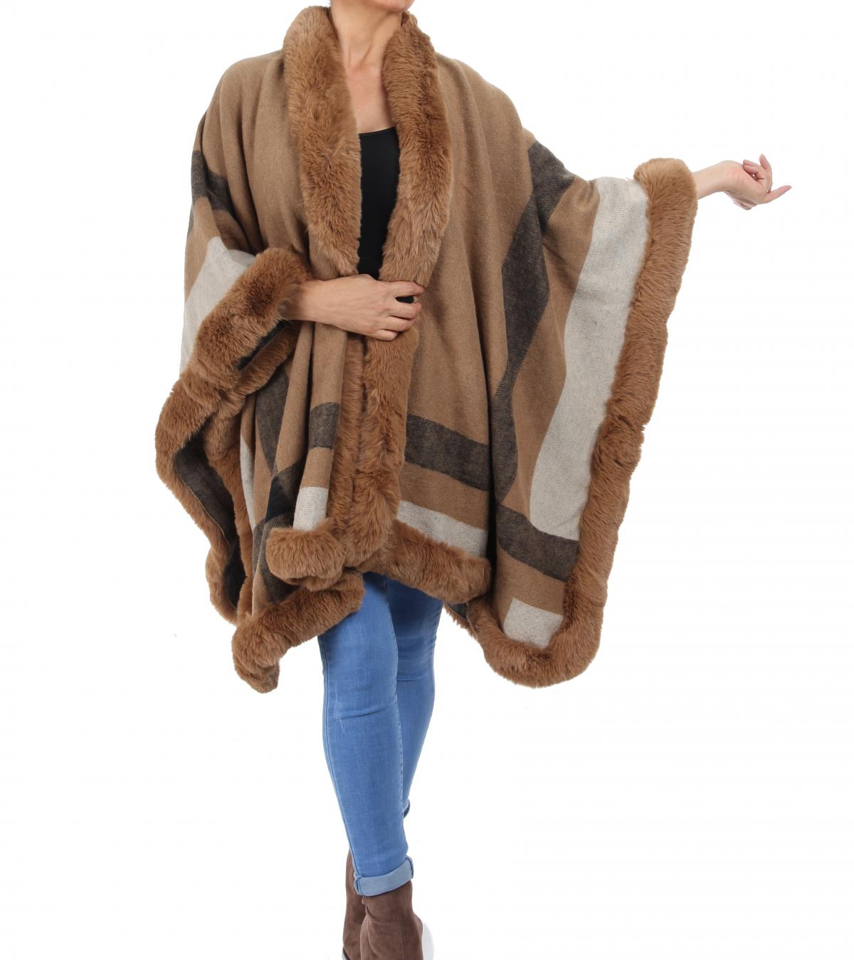 Camel Faux Fur Trim Cape