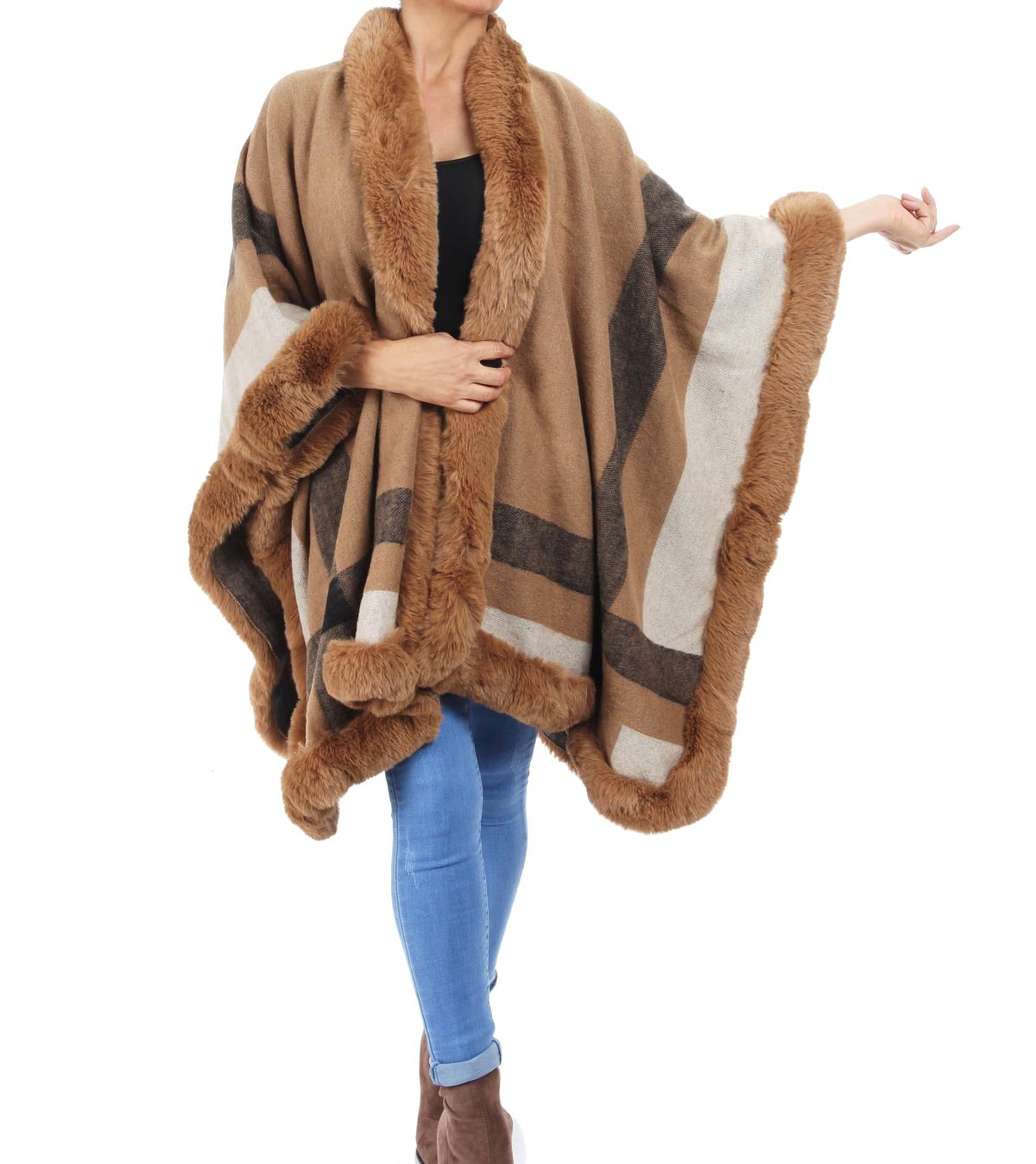 Camel Faux Fur Trim Cape