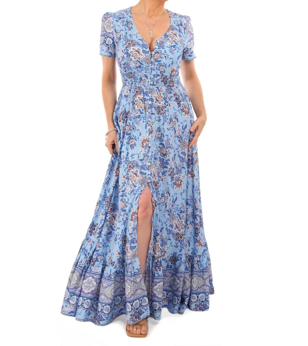 Blue Paisley Print Button Through Maxi Dress