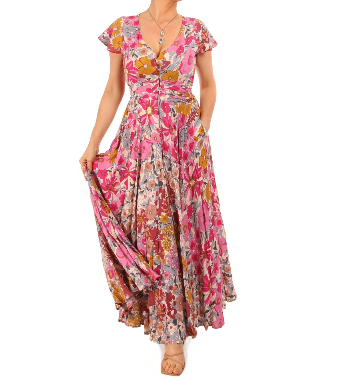 Pink Multi Print Button Detail Maxi Dress