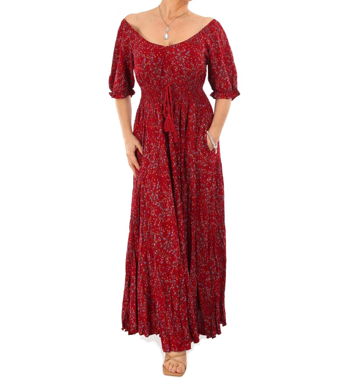 Wine Ditsy Print off the Shoulder Maxi Dress