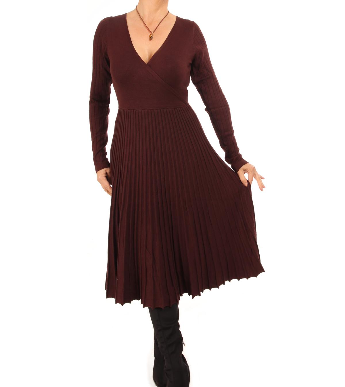 Chocolate Brown Pleated V Neck Jumper Dress