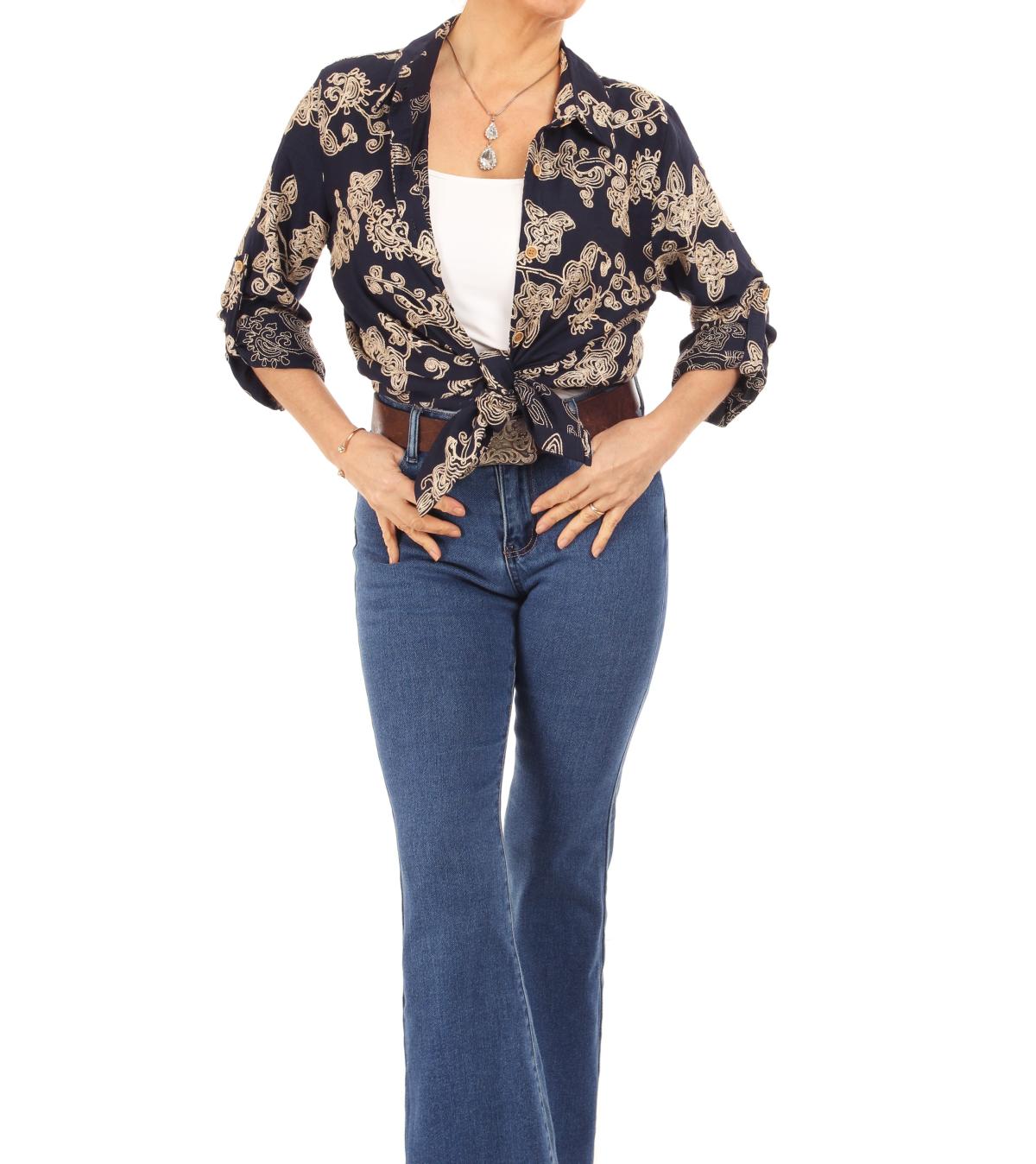 Navy Blue Embroidered Long Sleeve Shirt