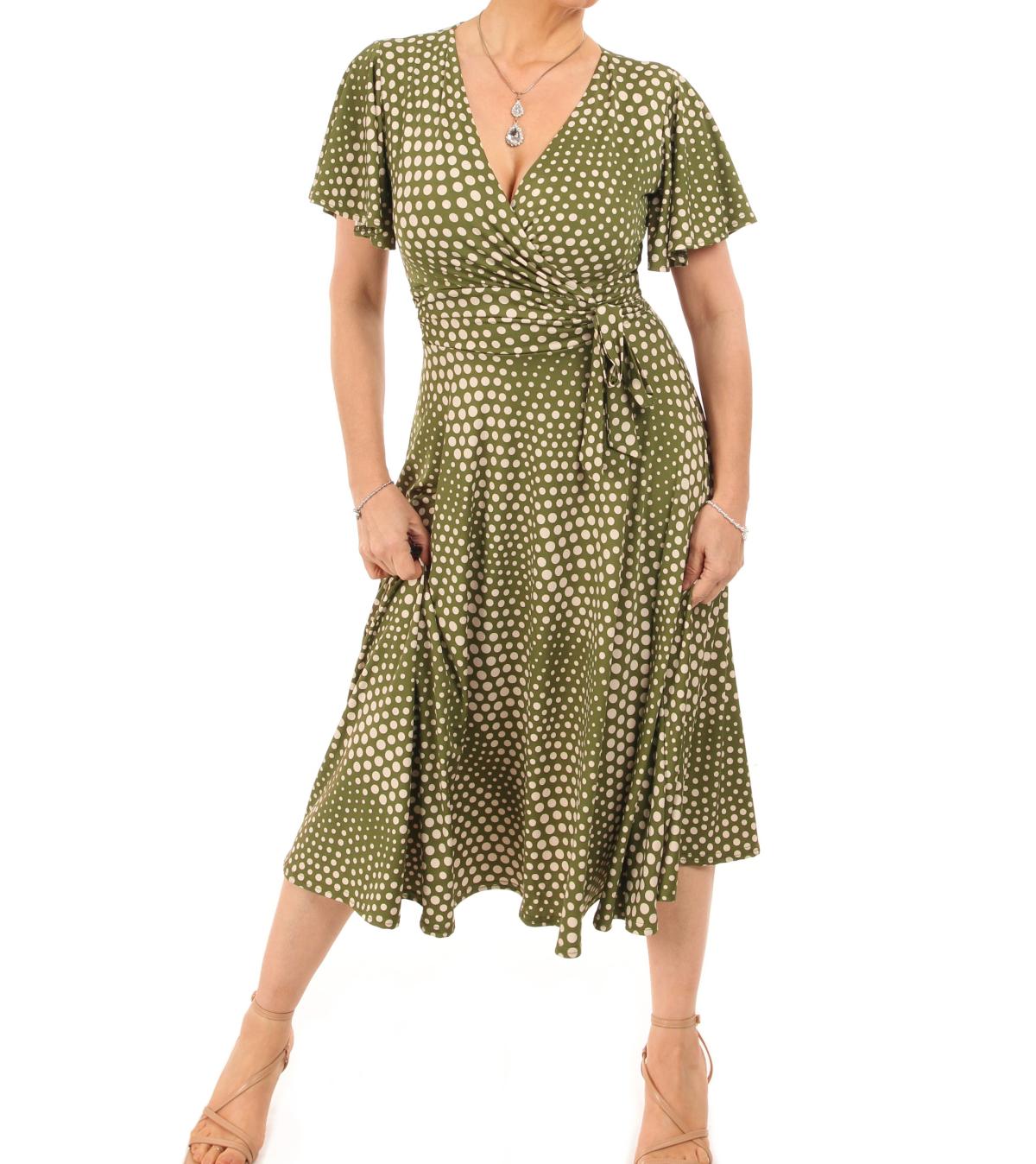 Olive Green and Ivory Fit & Flare Flutter Sleeve Dress
