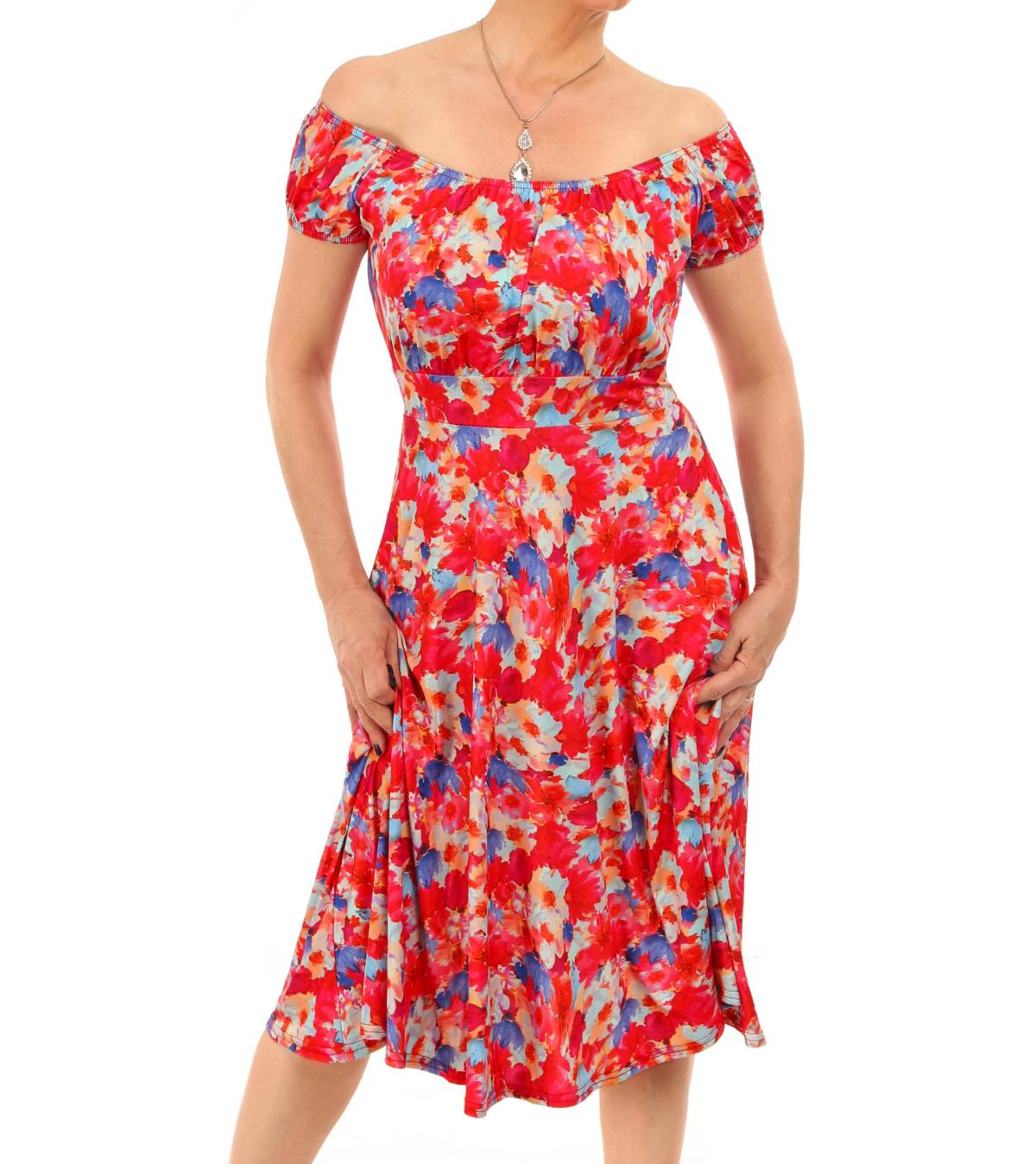 Red Print off the Shoulder Fit & Flare Dress