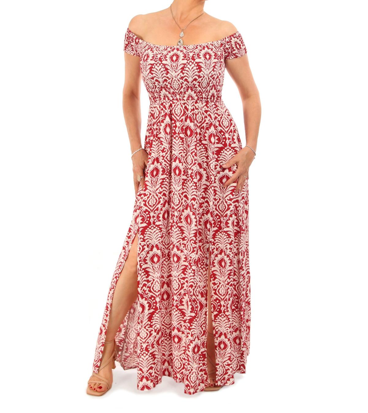 Red Paisley Print off the Shoulder Maxi Dress
